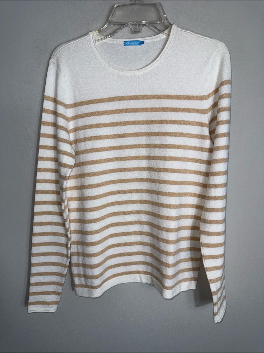 J McLaughlin Pullover Long Sleeve Sweater-Ivory Tan Stripes-Cotton Blend-XS